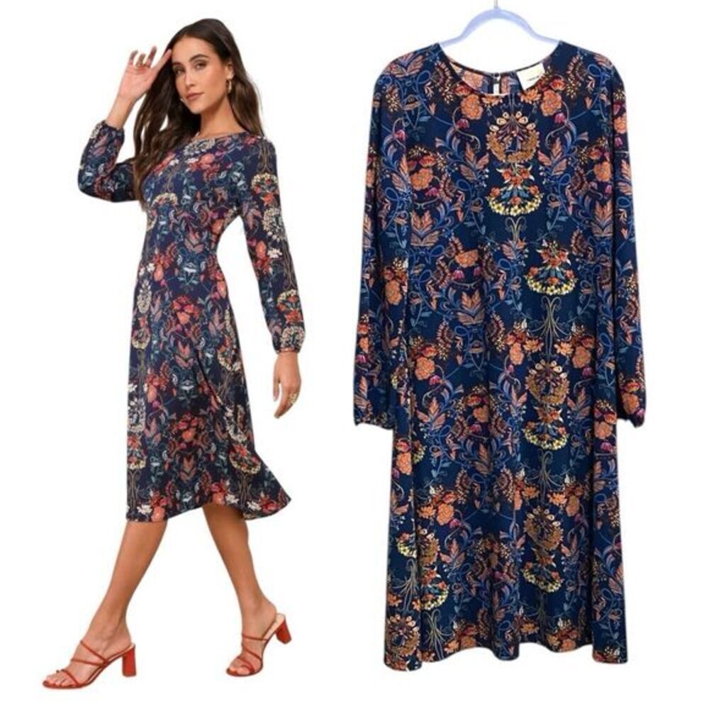 I.‎ Madeline Navy Floral Baroque Boho Midi Dress – Size XL